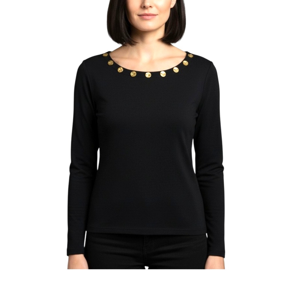 PLATINUM By DOROTHY SCHOELEN Black GOLD MEDALLION BUTTON TRIM Knit BLOUSE/TOP M